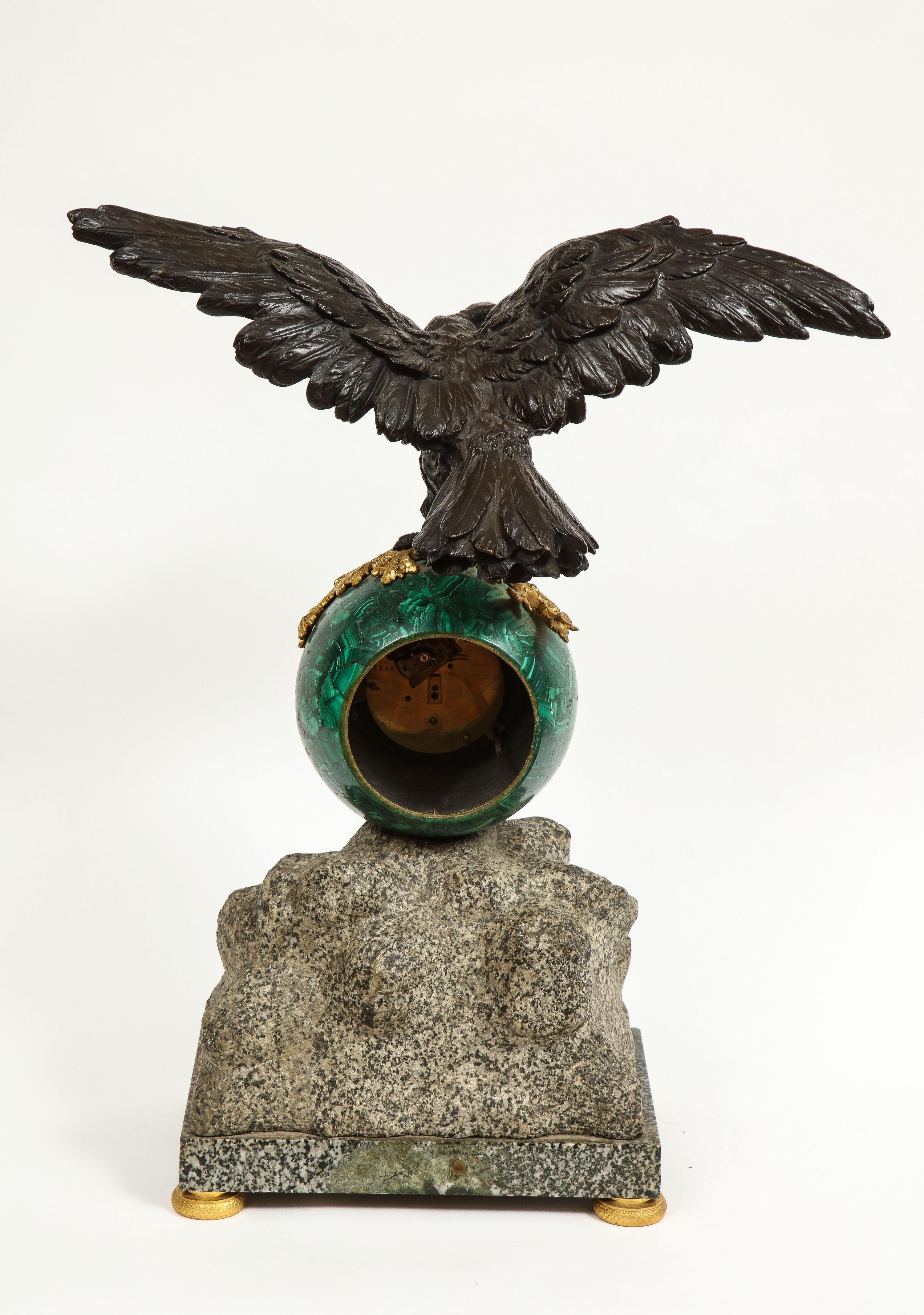 Patriotic French Patinated Bronze Eagle and Malachite Clock on Granite Base 1889 8