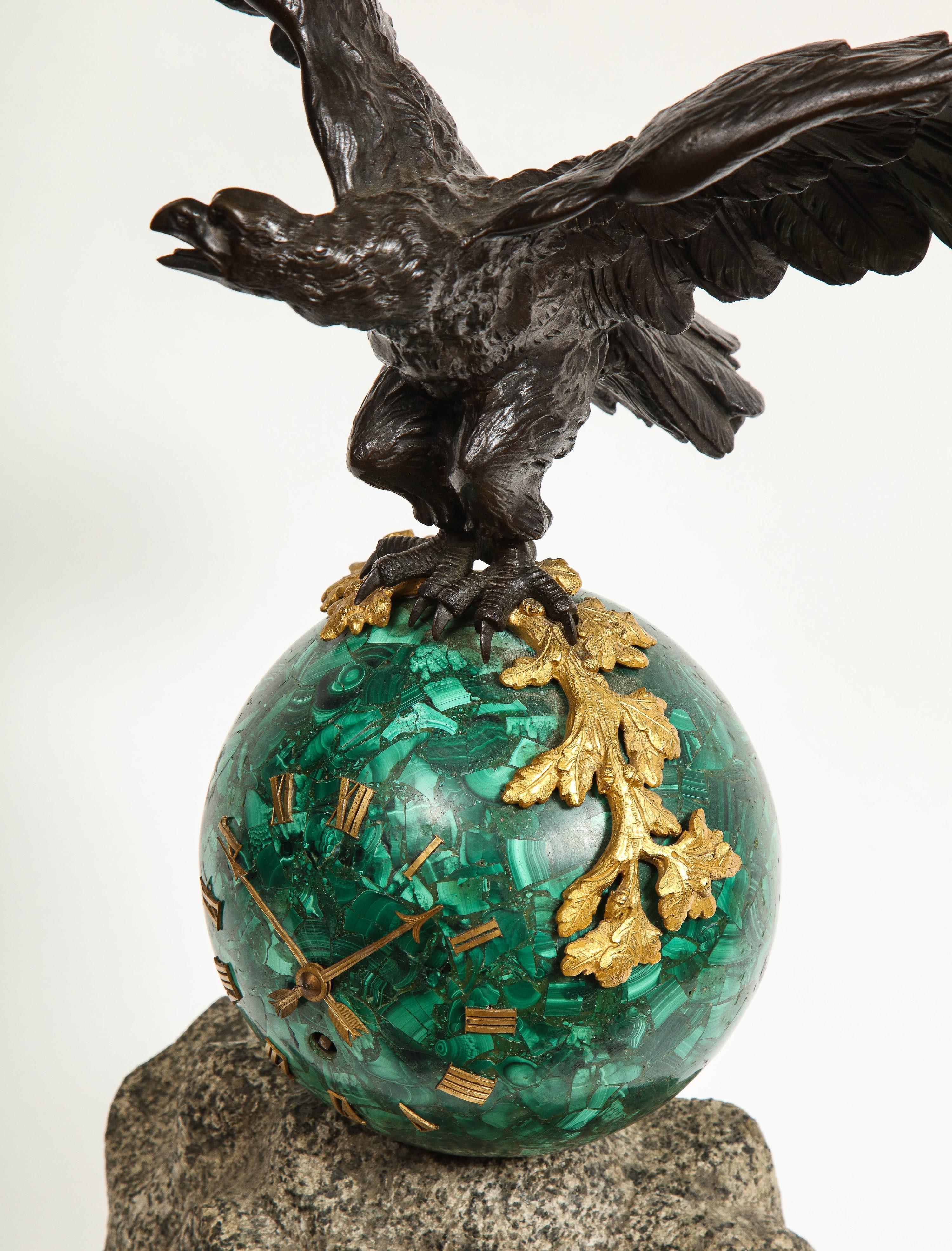 Patriotic French Patinated Bronze Eagle and Malachite Clock on Granite Base 1889 12