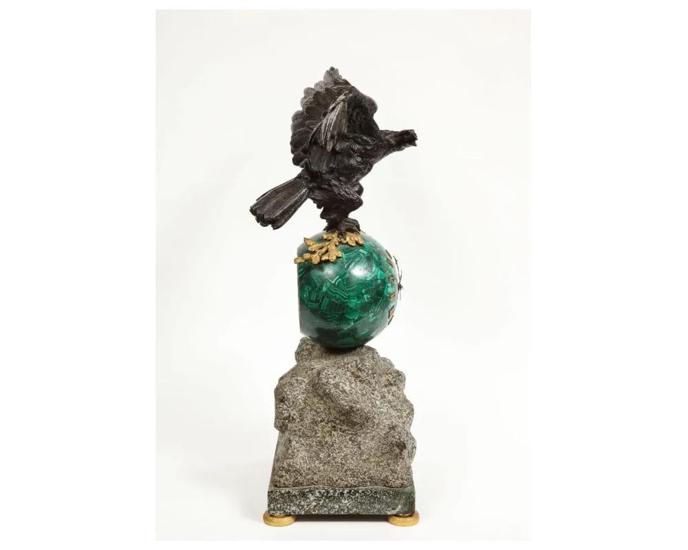 19th Century Patriotic French Patinated Bronze Eagle and Malachite Clock on Granite Base 1889 For Sale
