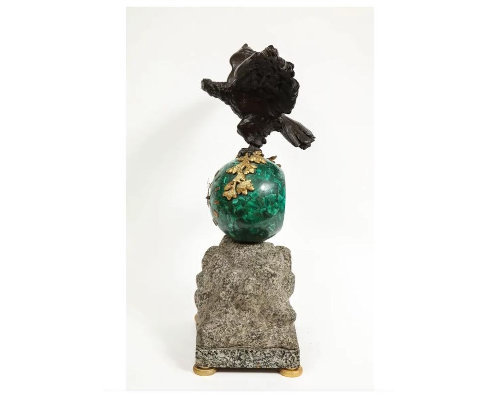 Patriotic French Patinated Bronze Eagle and Malachite Clock on Granite Base 1889 For Sale 1