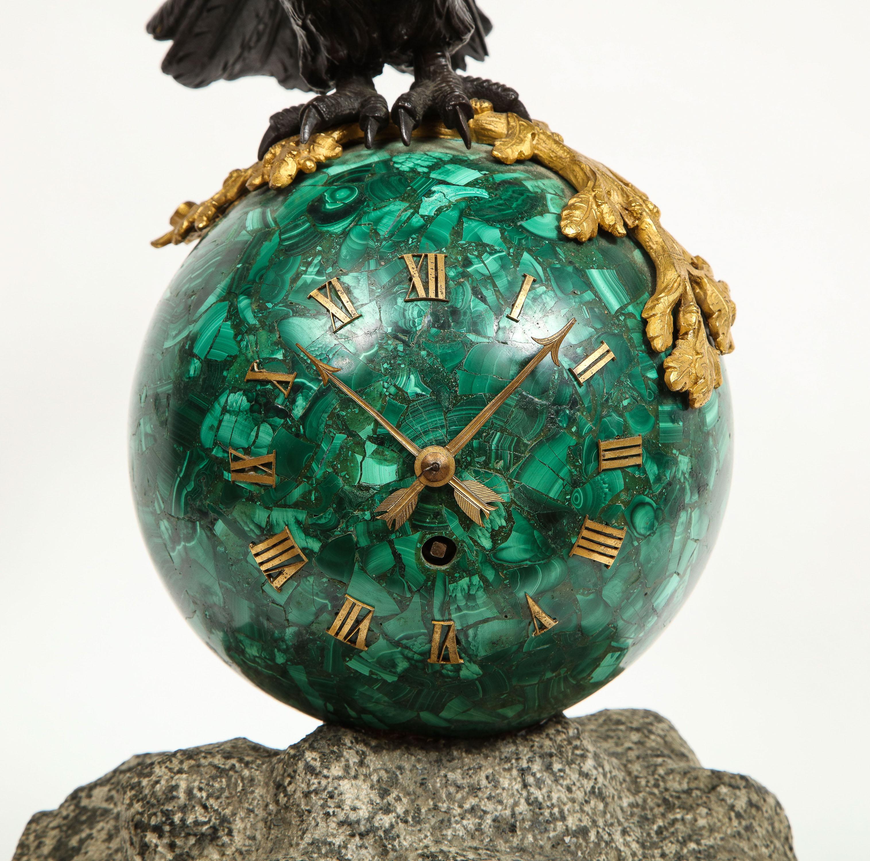 19th Century Patriotic French Patinated Bronze Eagle and Malachite Clock on Granite Base 1889