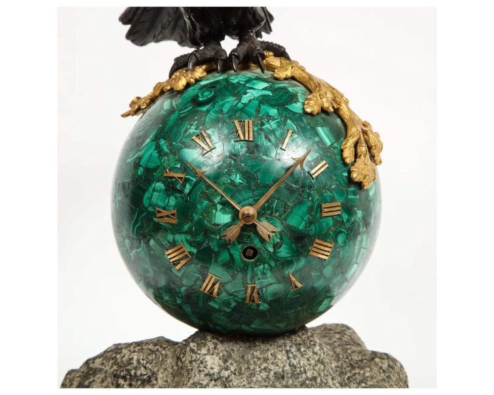 Patriotic French Patinated Bronze Eagle and Malachite Clock on Granite Base 1889 For Sale 3