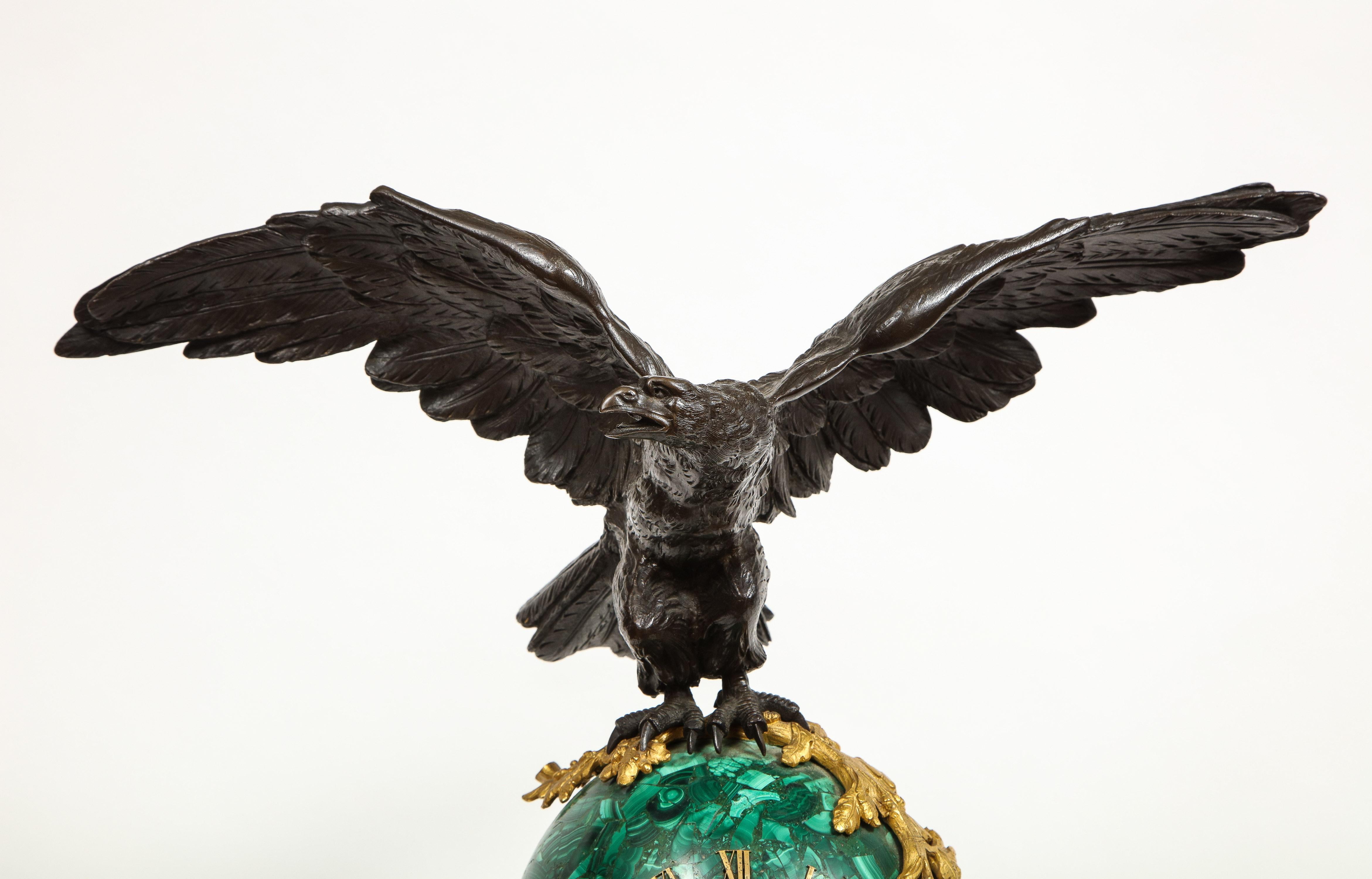 Patriotic French Patinated Bronze Eagle and Malachite Clock on Granite Base 1889 1