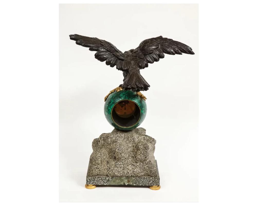 Patriotic French Patinated Bronze Eagle and Malachite Clock on Granite Base 1889 For Sale 4