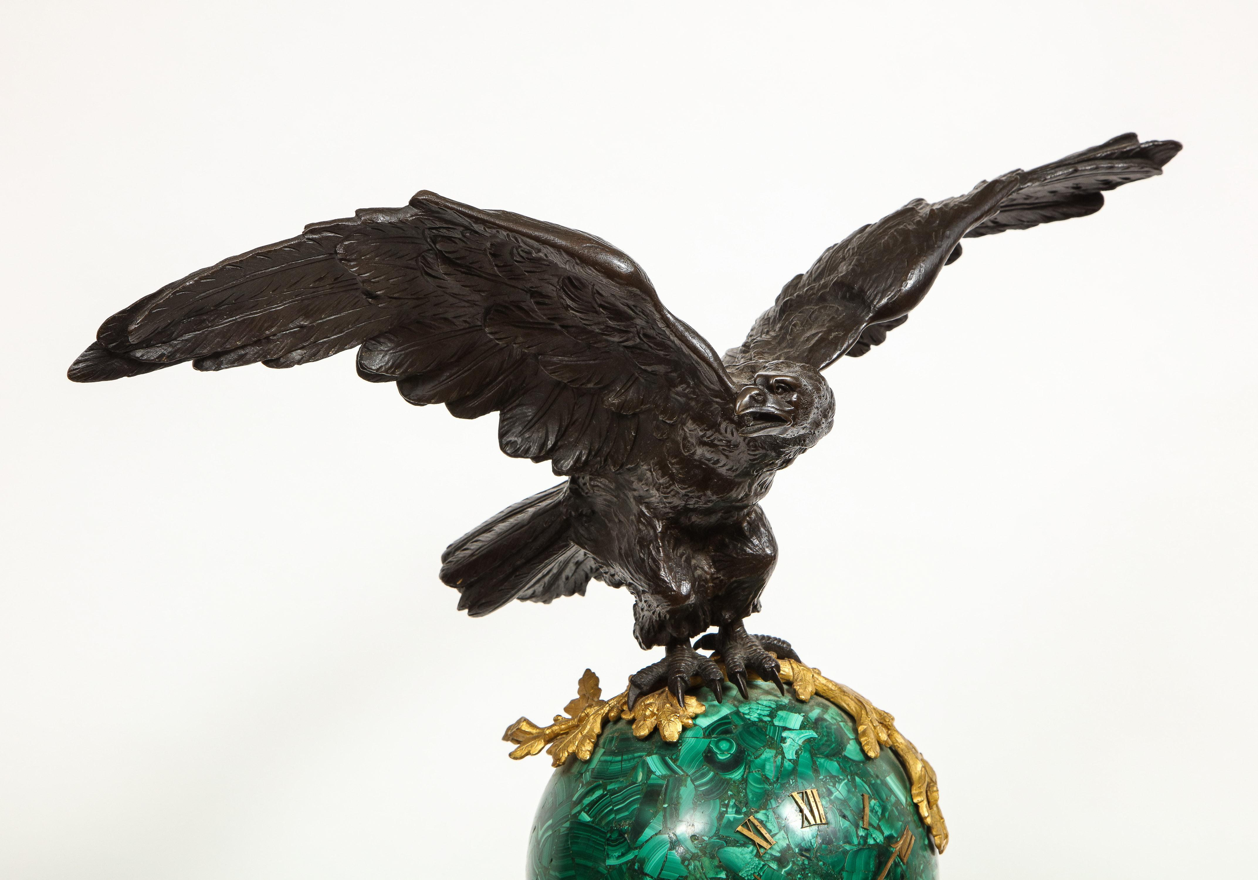 Patriotic French Patinated Bronze Eagle and Malachite Clock on Granite Base 1889 2
