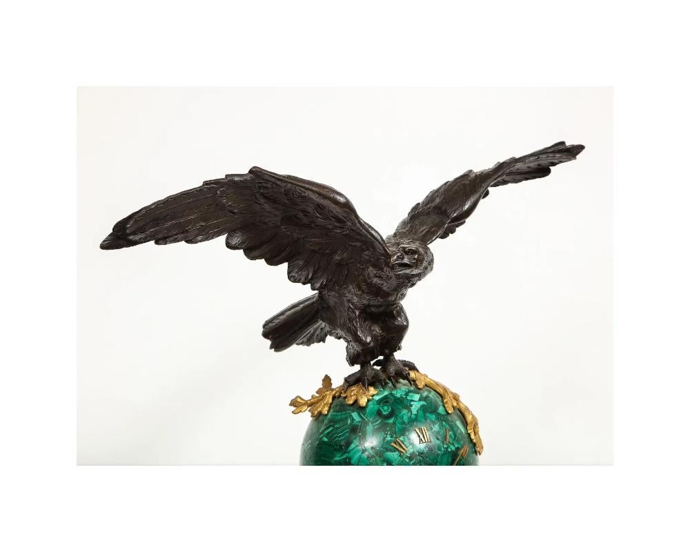 Patriotic French Patinated Bronze Eagle and Malachite Clock on Granite Base 1889 For Sale 5