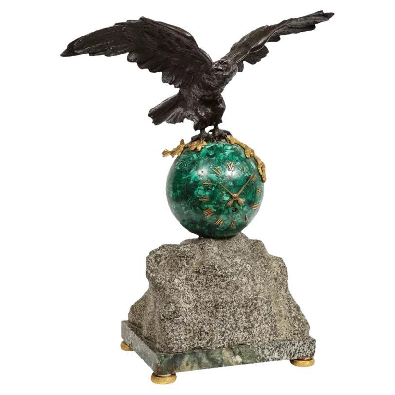 Patriotic French Patinated Bronze Eagle and Malachite Clock on Granite Base 1889 For Sale