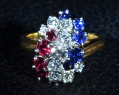 Patriotic Oscar Heyman Signed Ruby, Diamond, Sapphire Ring in 18 Karat and Plat