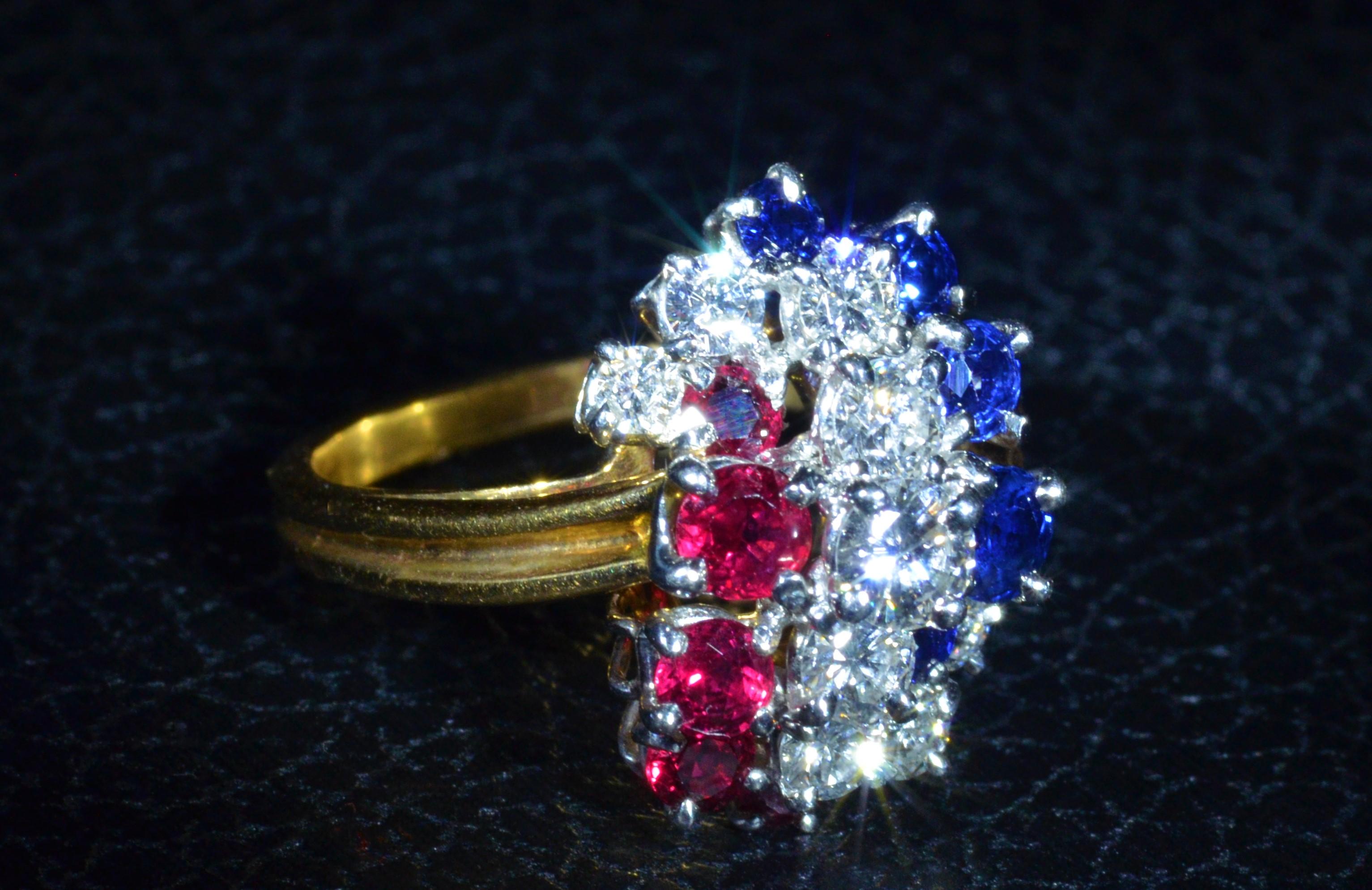 Retro Patriotic Oscar Heyman Signed Ruby, Diamond, Sapphire Ring in 18 Karat and Plat For Sale