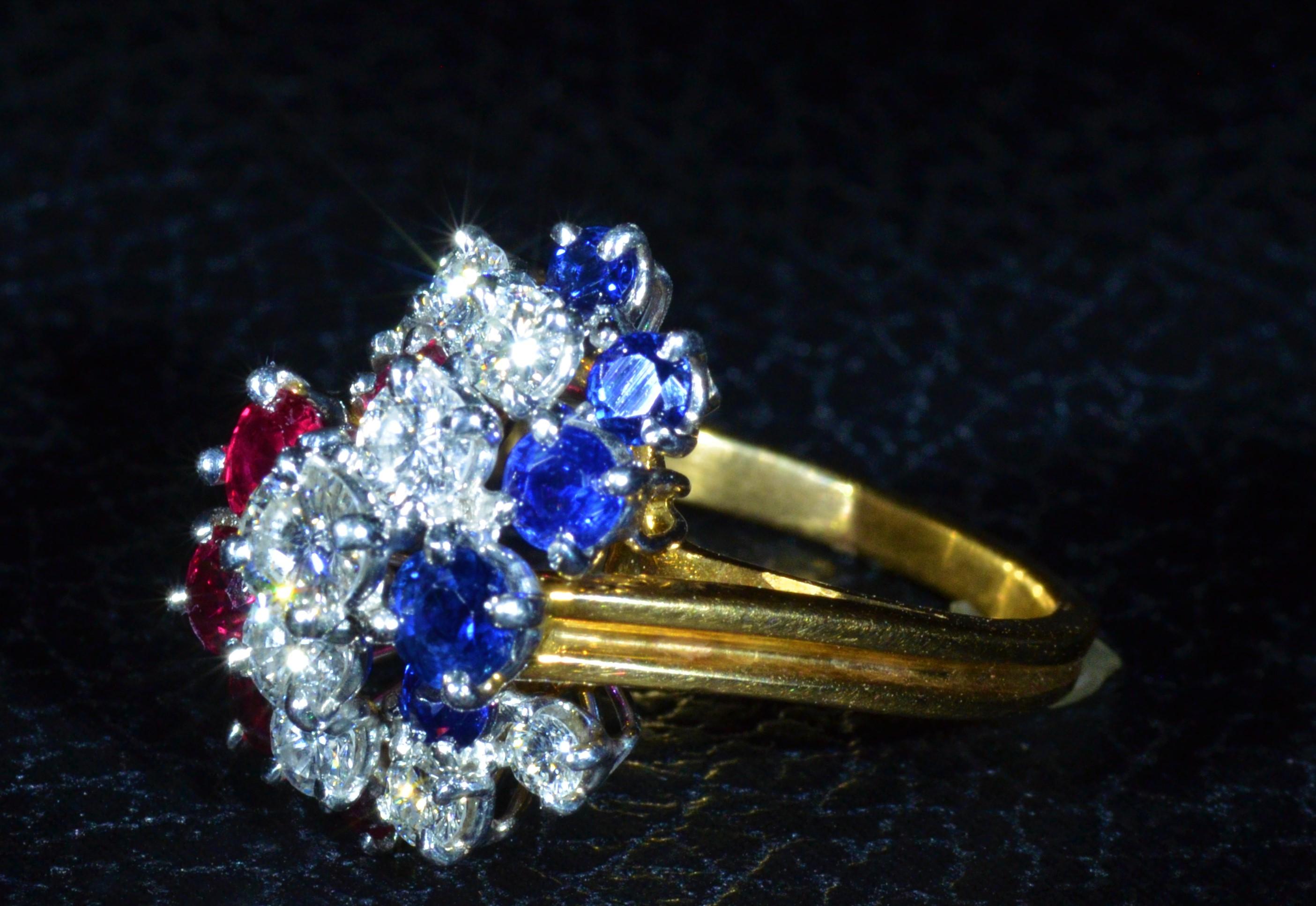 Round Cut Patriotic Oscar Heyman Signed Ruby, Diamond, Sapphire Ring in 18 Karat and Plat For Sale