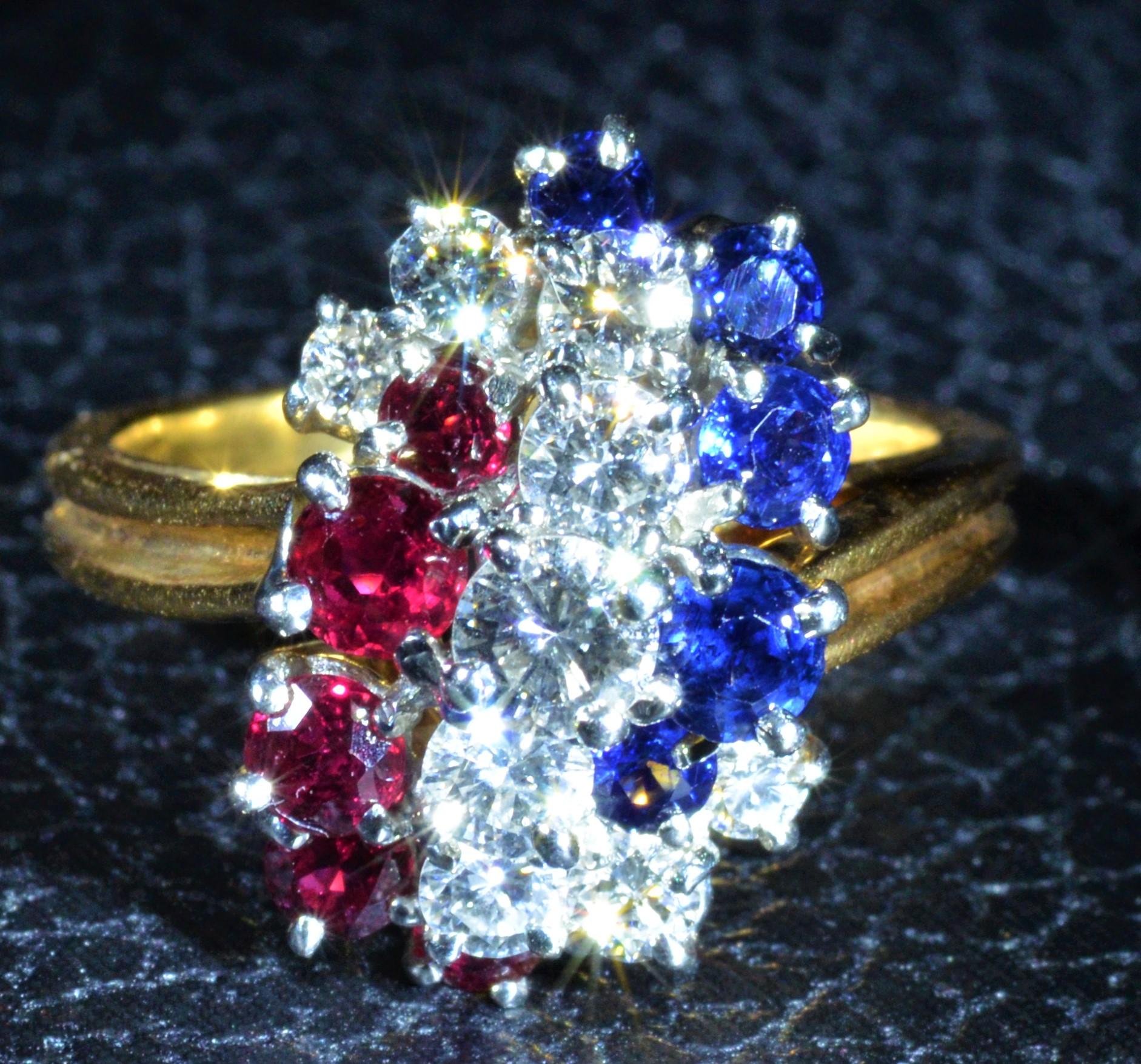 Women's Patriotic Oscar Heyman Signed Ruby, Diamond, Sapphire Ring in 18 Karat and Plat For Sale