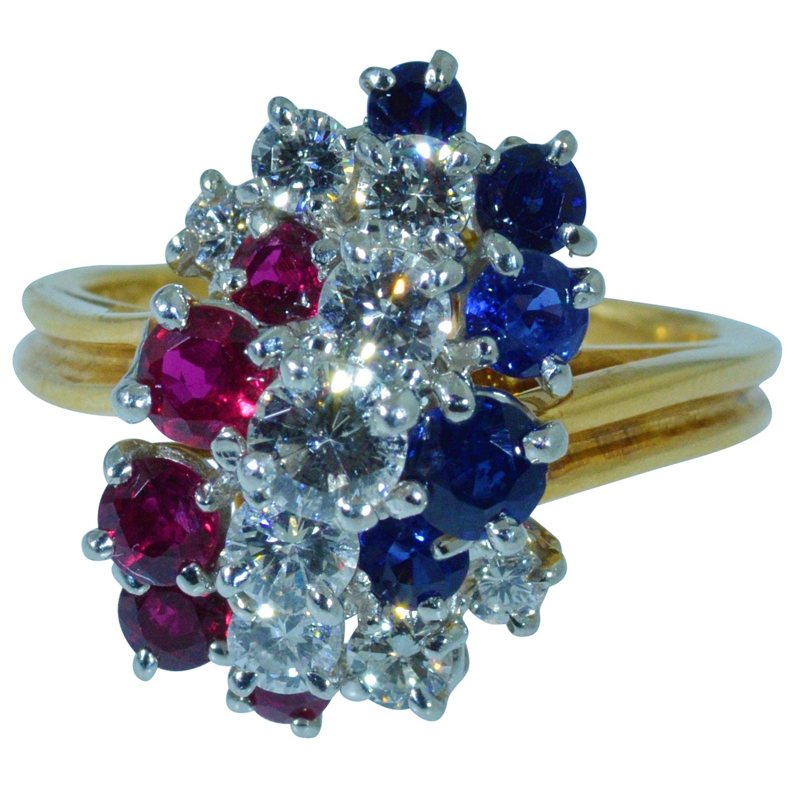 Patriotic Oscar Heyman Signed Ruby, Diamond, Sapphire Ring in 18 Karat and Plat For Sale