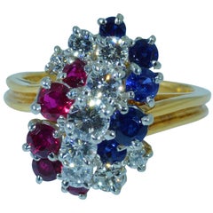 Patriotic Oscar Heyman Signed Ruby, Diamond, Sapphire Ring in 18 Karat and Plat