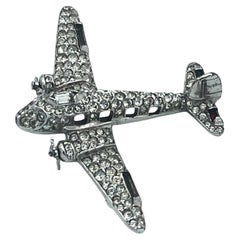 Patriotic pave airplan brooch with window, signed TRIFARI 1940*s rhodium