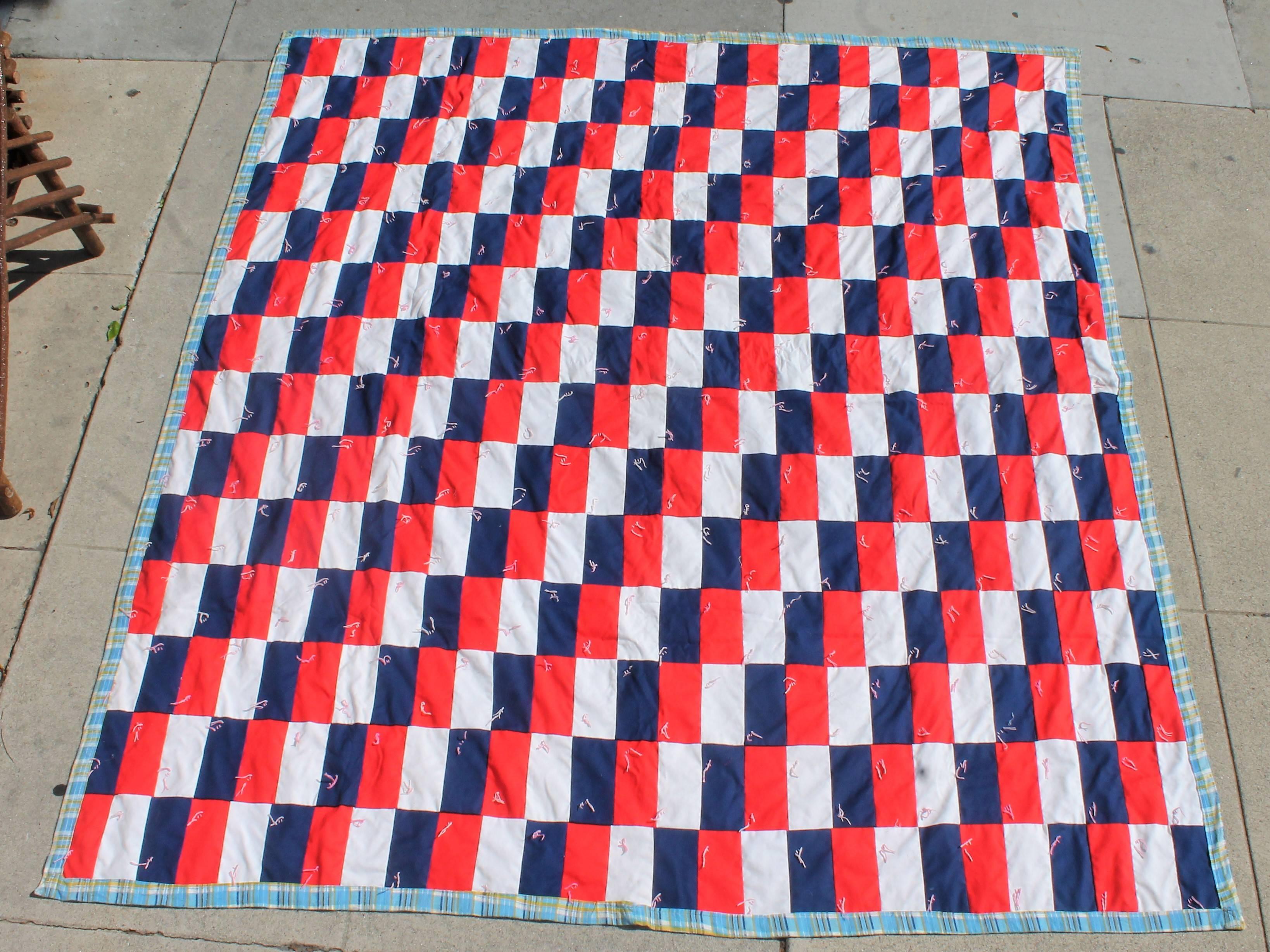 This fun patriotic quilt is tied and has a soft cotton flannel backing. This a large size quilt.