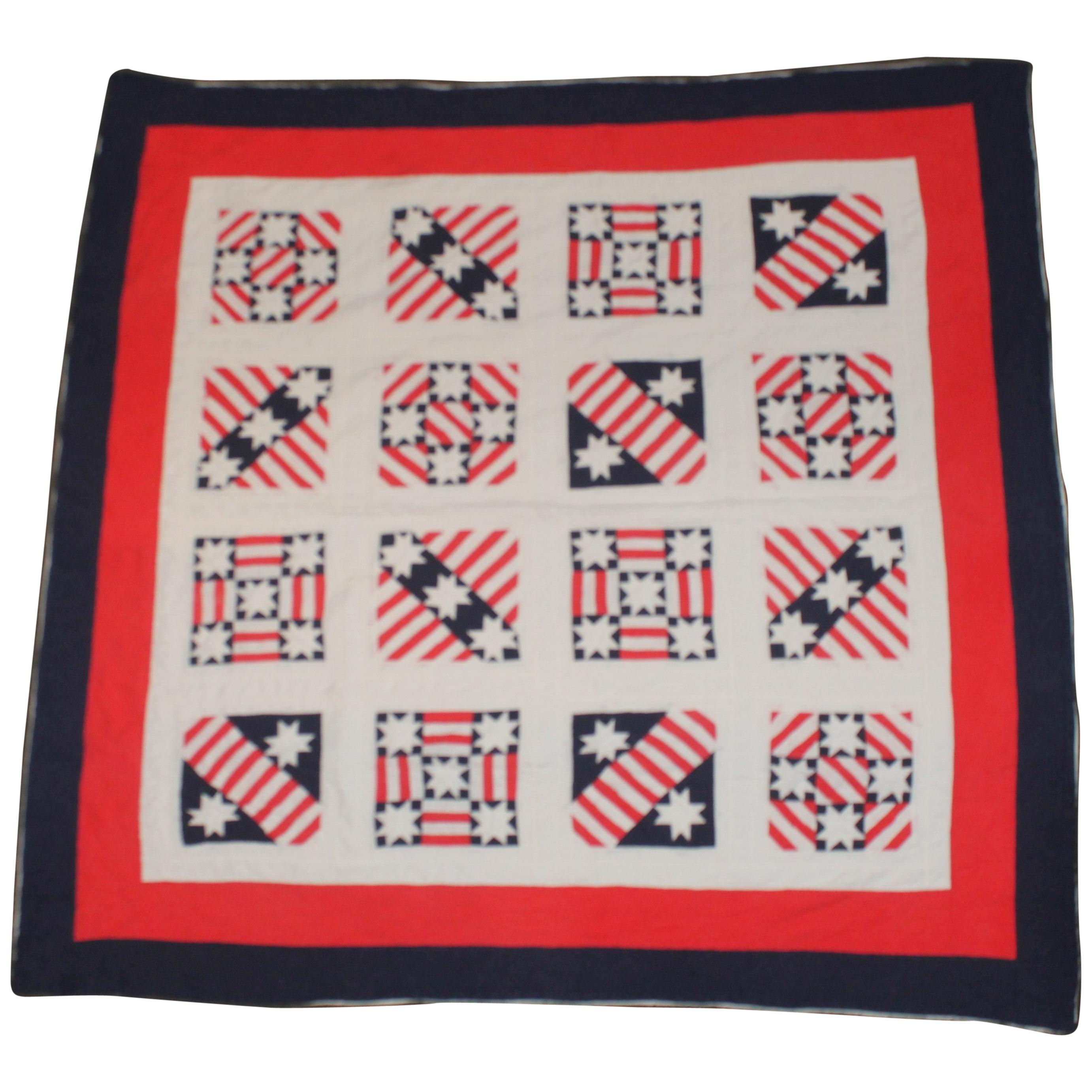 Patriotic Red, White and Blue Quilt Dated For Sale