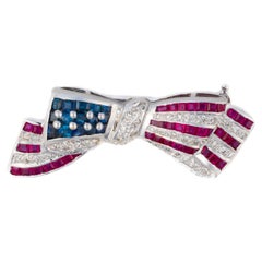 Patriotic Ruby, Sapphire and Diamond Flag Ribbon Brooch