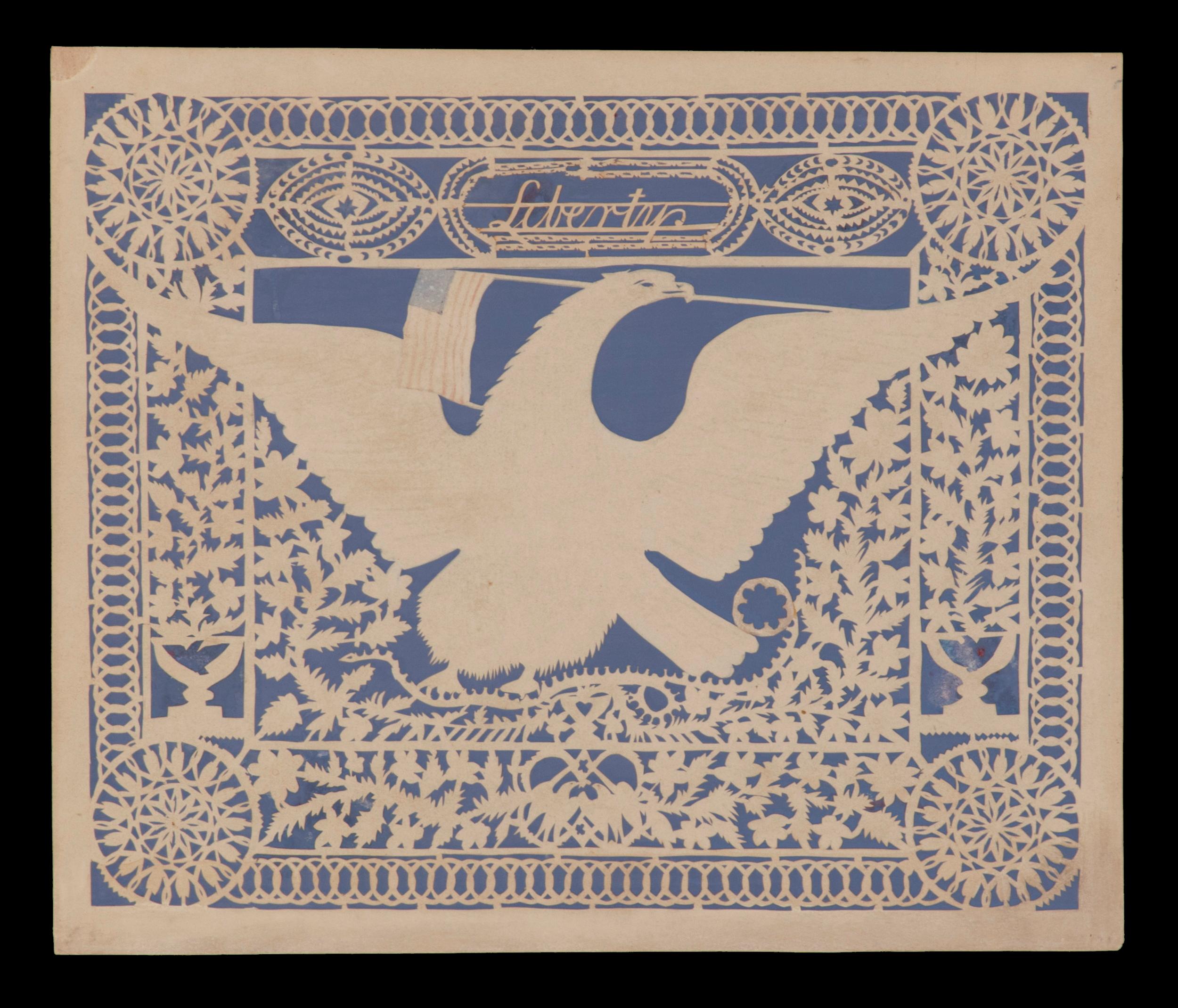 EXCEPTIONAL PATRIOTIC SCHERENSCHNITTE (PAPER CUTTING), IN THE STYLE OFTEN ATTRIBUTED TO ISAAC STIEHLY, ENTITLED “LIBERTY,” WITH IMAGERY THAT INCLUDES AN AMERICAN EAGLE WITH A 14 STAR, 14 STRIPE FLAG IN ITS BEAK, A RATTLESNAKE, LOVE BIRDS, AND EAGLES