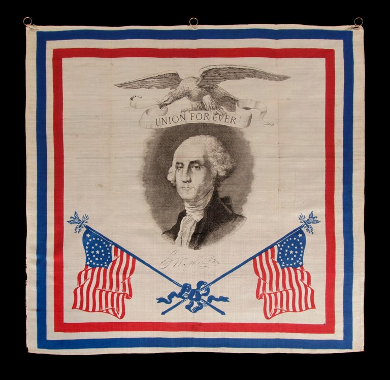 PATRIOTIC SILK KERCHIEF OF THE CIVIL WAR PERIOD, WITH AN ENGRAVED IMAGE OF GEORGE WASHINGTON, CROSSED 34 STAR FLAGS, AN EAGLE, AND 