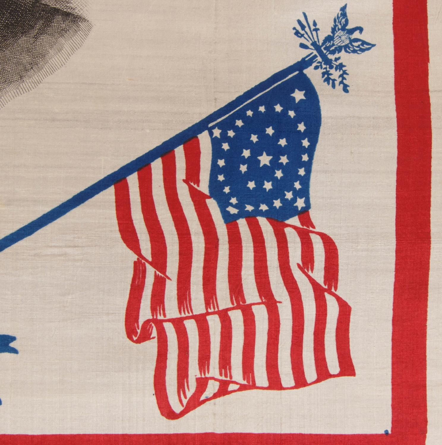 Américain Mouchoir patriotique en soie avec drapeaux à 34 étoiles et une image de Washington, époque de la guerre de Sécession en vente