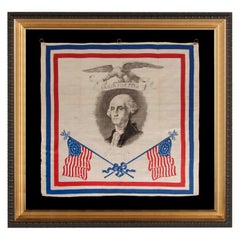 Mouchoir patriotique en soie avec drapeaux à 34 étoiles et une image de Washington, époque de la guerre de Sécession