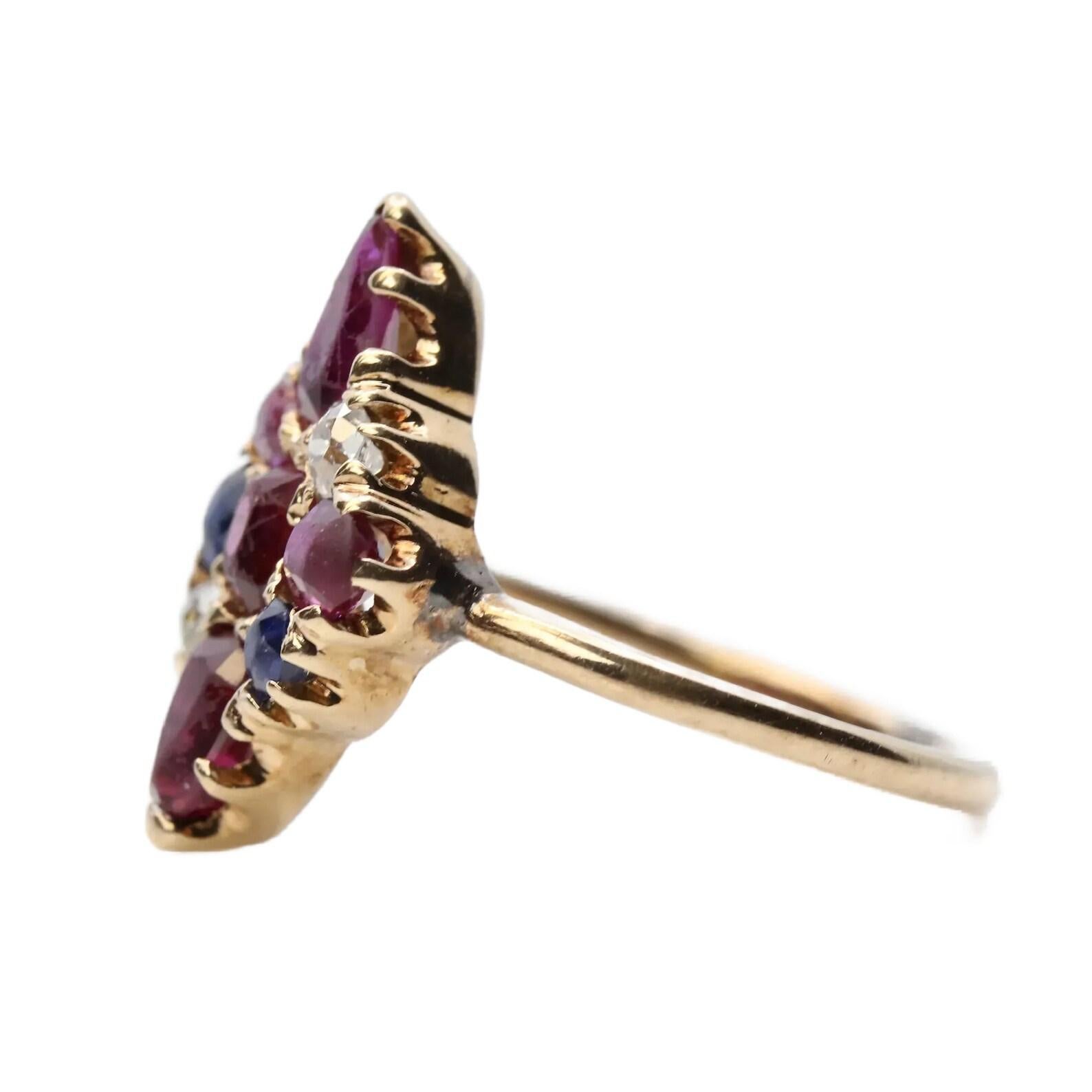 Old Mine Cut Patriotic Victorian Diamond Ruby & Sapphire Lozenge Ring in 14K Yellow Gold For Sale