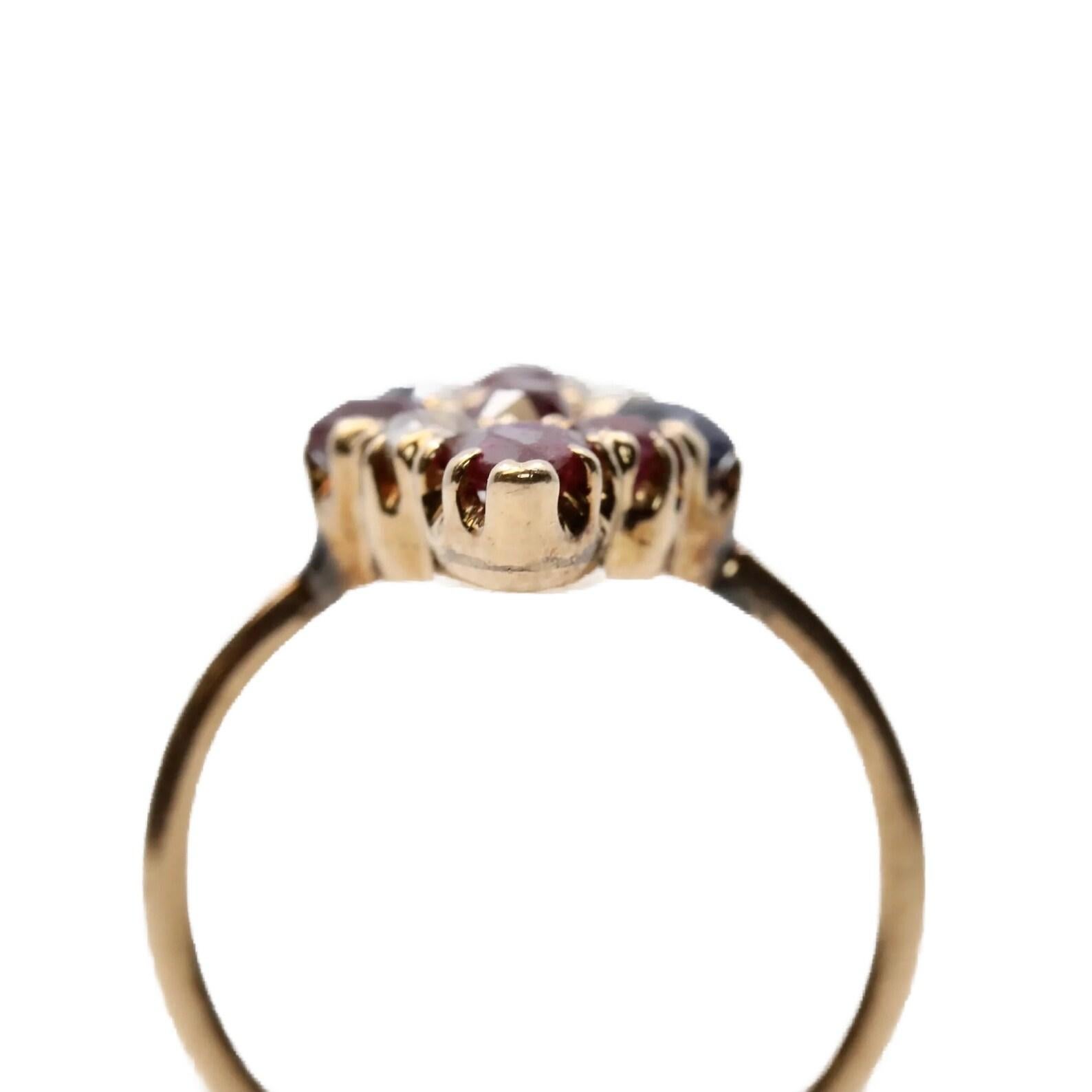 Women's Patriotic Victorian Diamond Ruby & Sapphire Lozenge Ring in 14K Yellow Gold For Sale