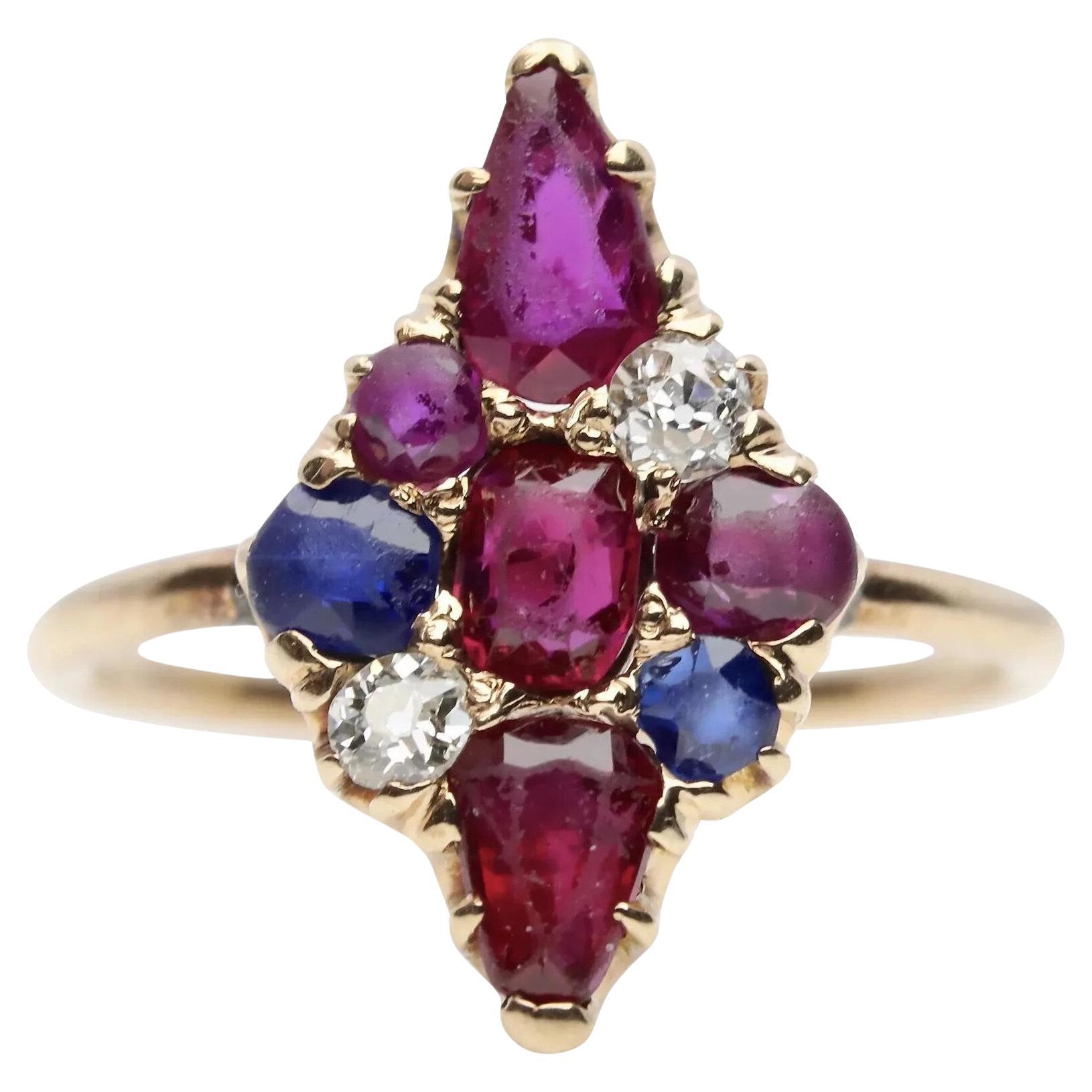 Patriotic Victorian Diamond Ruby & Sapphire Lozenge Ring in 14K Yellow Gold For Sale