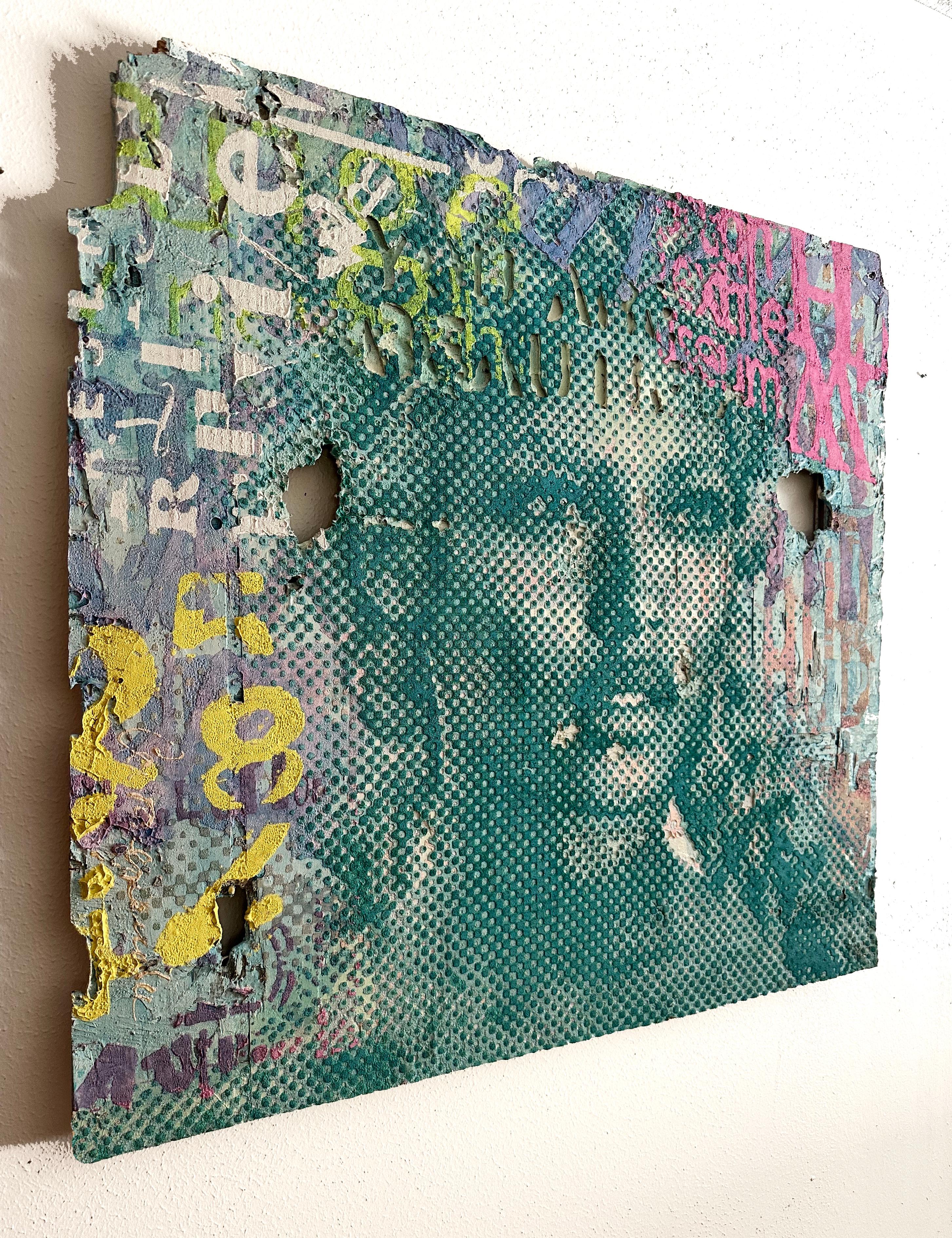 Yellow and Turquoise - Biennale winner, pop art, urban, contemporary, upcycle For Sale 4