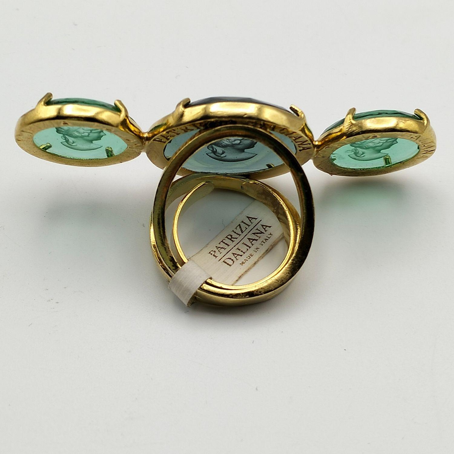 Women's Patrizia Daliana 24 KT gilded bronze ring with hand-carved and ground Murano gla For Sale