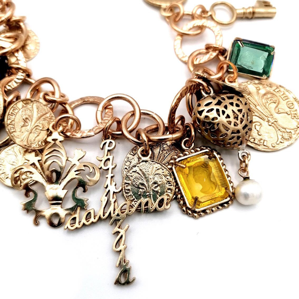 Artisan Patrizia Daliana “Charm” bracelet in bronze with hand-cut Murano glass inserts For Sale