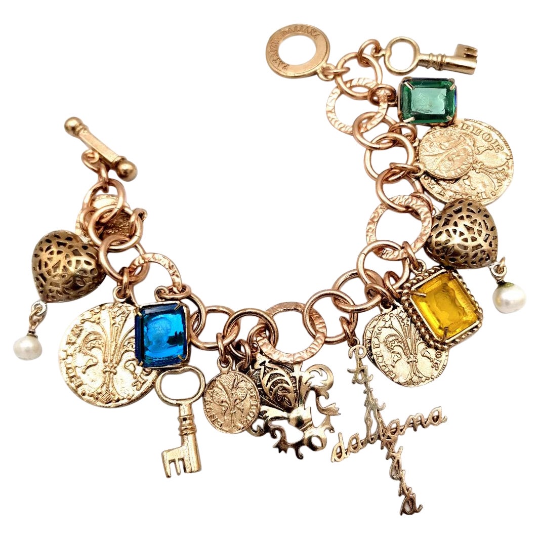 Patrizia Daliana “Charm” bracelet in bronze with hand-cut Murano glass inserts For Sale