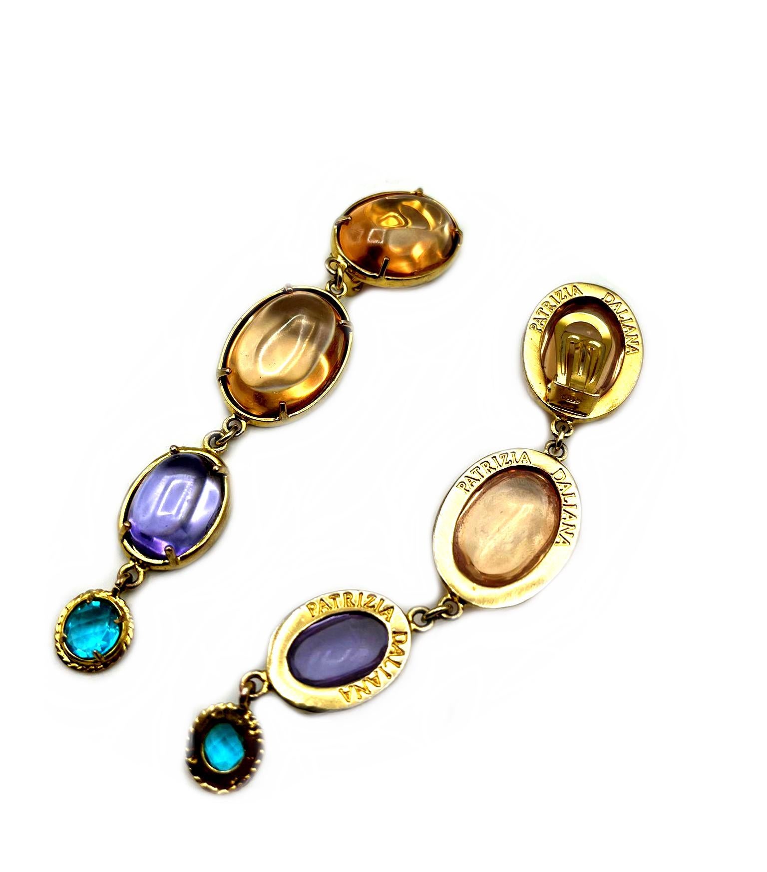 Artisan Patrizia Daliana  long earrings in 24 KT gilded bronze with glass crystals For Sale