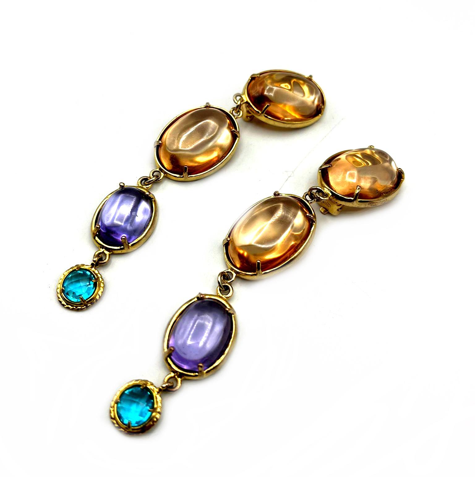 Briolette Cut Patrizia Daliana  long earrings in 24 KT gilded bronze with glass crystals For Sale