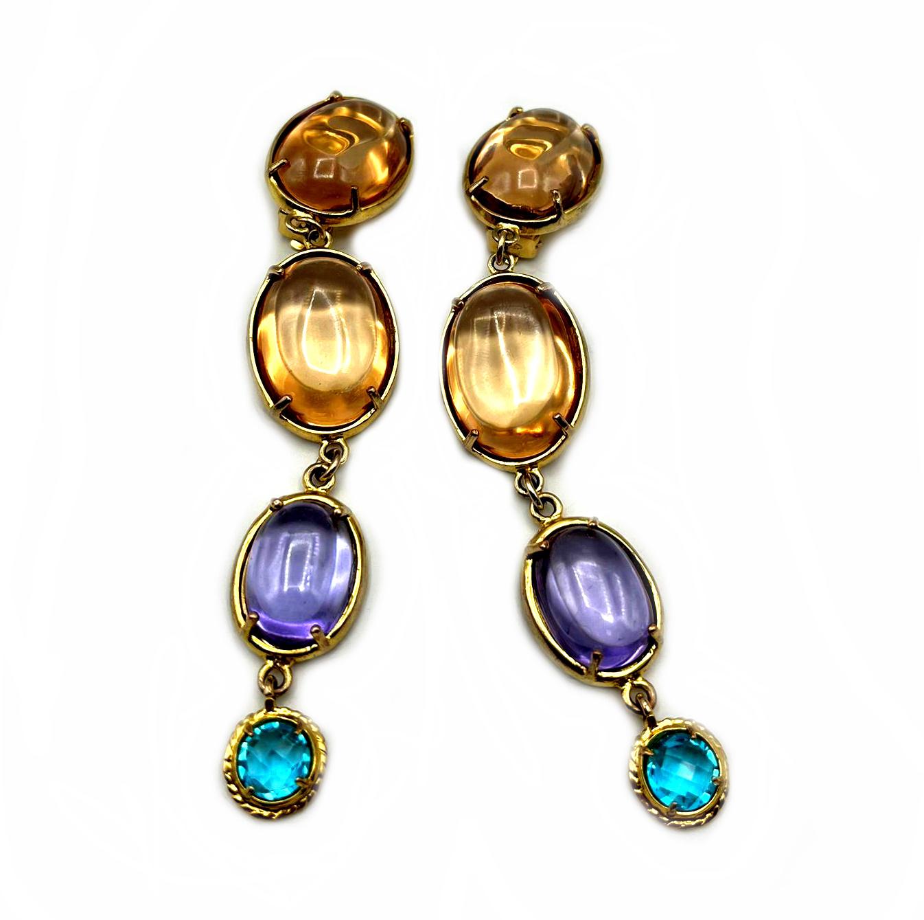 Patrizia Daliana  long earrings in 24 KT gilded bronze with glass crystals In New Condition For Sale In Firenze, Toscana