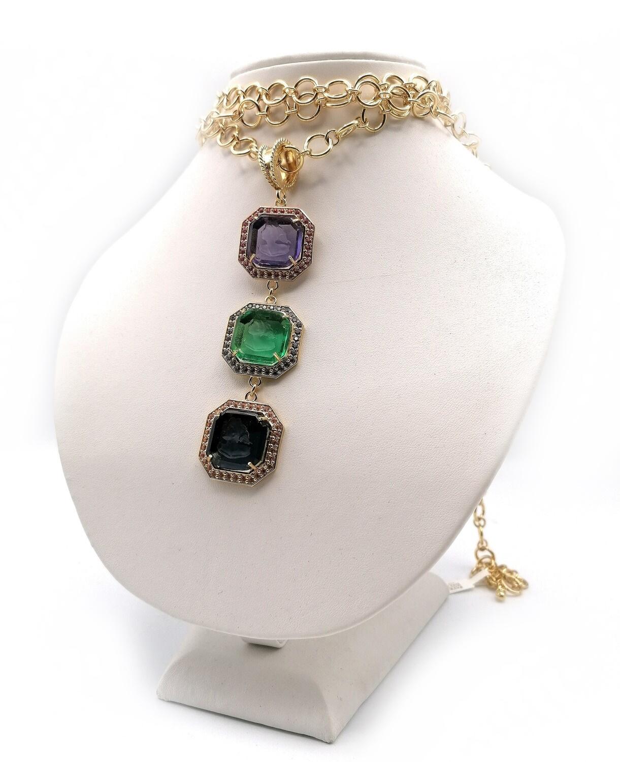 Patrizia Daliana, Triple pendant in 24kt gilded bronze, zircons and murano glass In New Condition For Sale In Firenze, Toscana