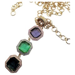 Patrizia Daliana, Triple pendant in 24kt gilded bronze, zircons and murano glass