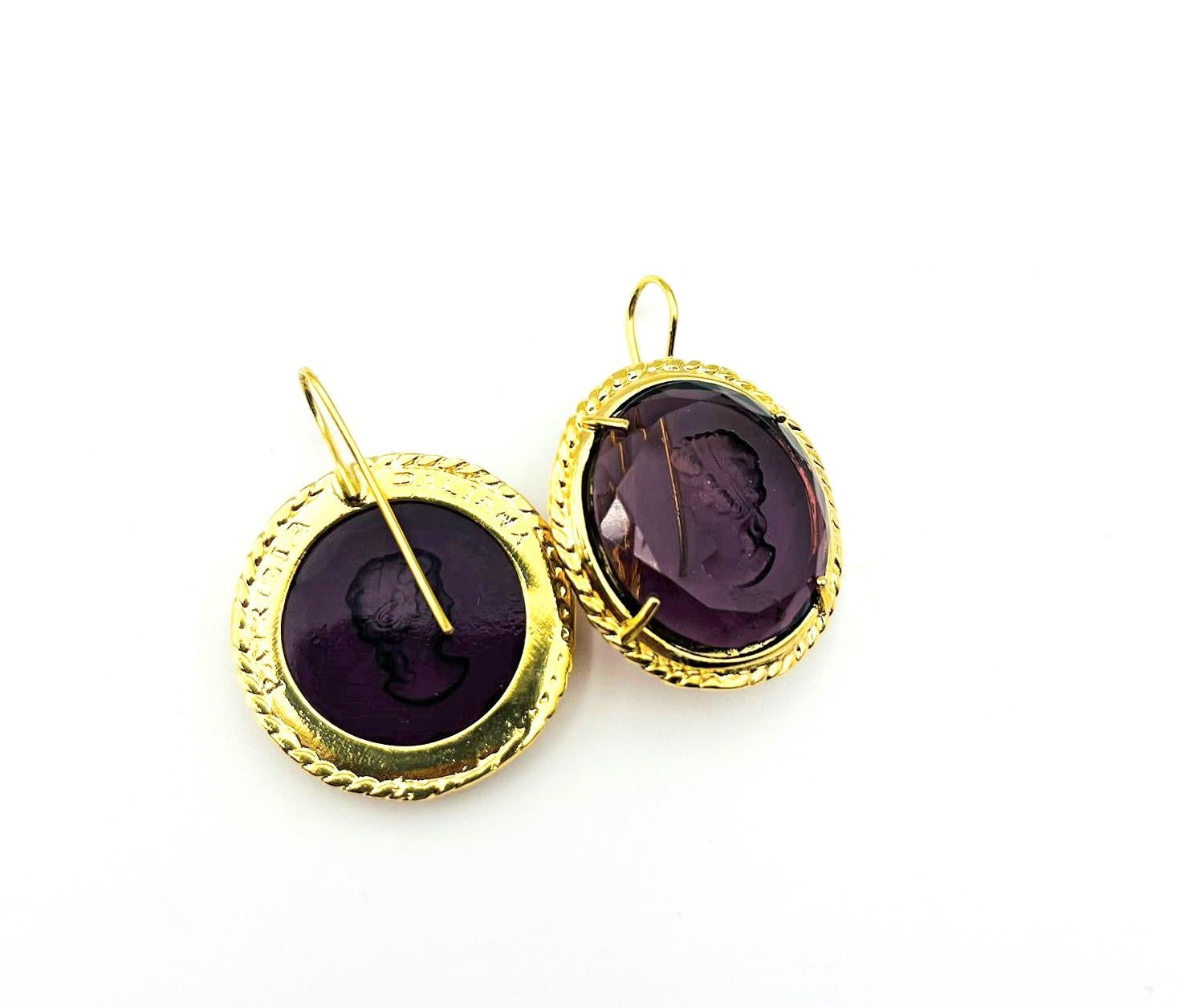 Artisan Patrizia Dalinana amethyst Earrings in 24 KT gilded bronze with  Murano glass For Sale