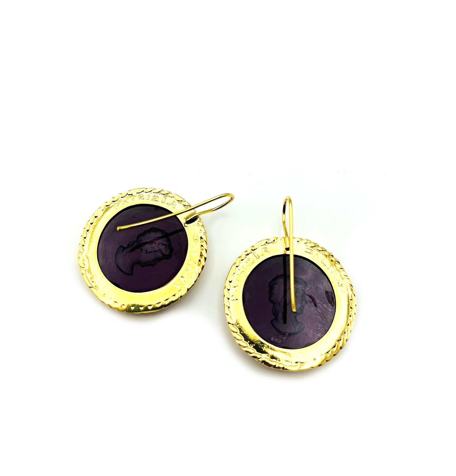 Women's or Men's Patrizia Dalinana amethyst Earrings in 24 KT gilded bronze with  Murano glass For Sale