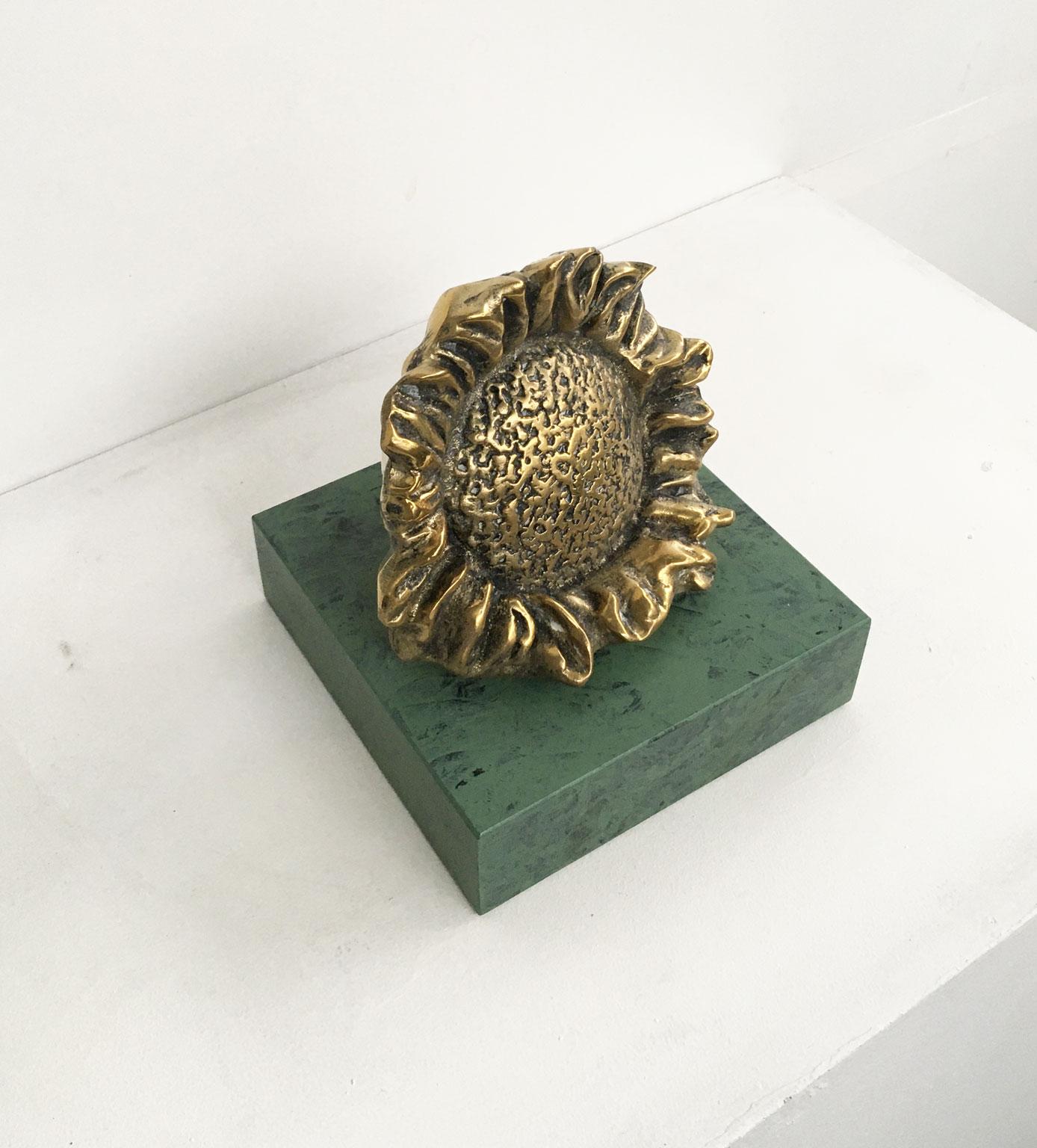 This is an engaging bronze sculpture created by the Italian artist Patrizia Guerresi, in 1986. The piece is a multiple of 1000 specimens on a green-painted wooden base. The title is 