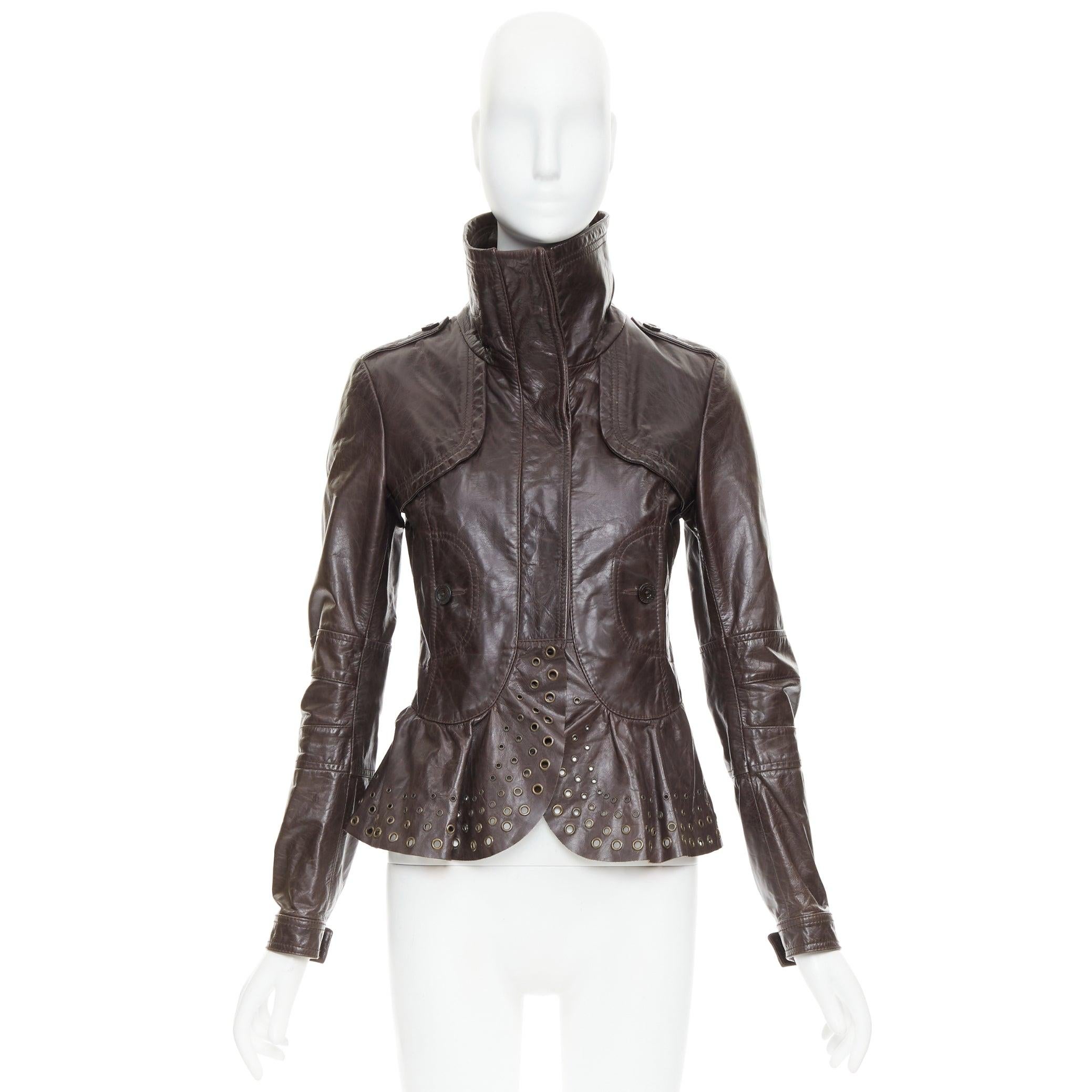 PATRIZIA PEPE brown stiff leather eyelet stud high collar biker jacket IT42 M For Sale 5