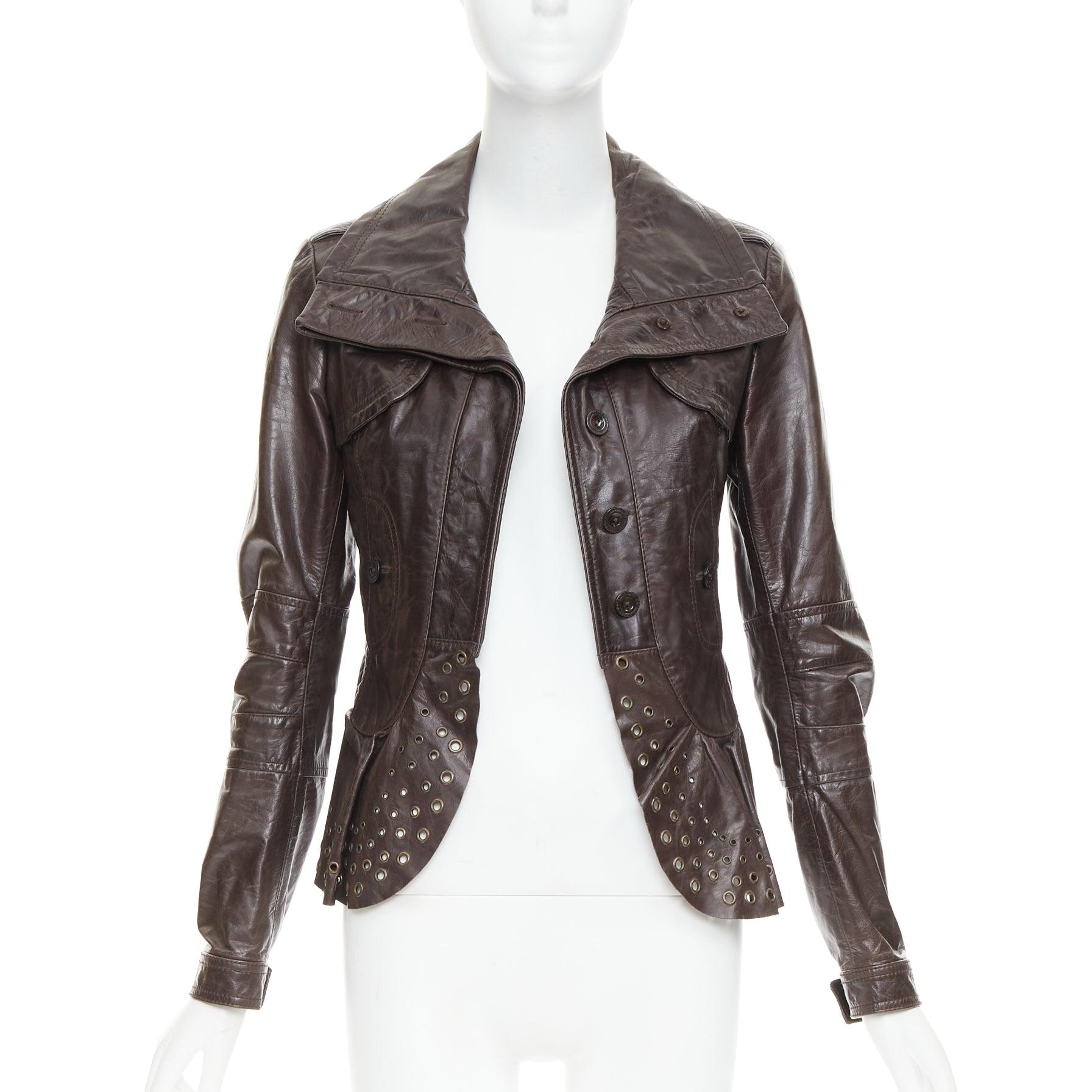 Black PATRIZIA PEPE brown stiff leather eyelet stud high collar biker jacket IT42 M For Sale