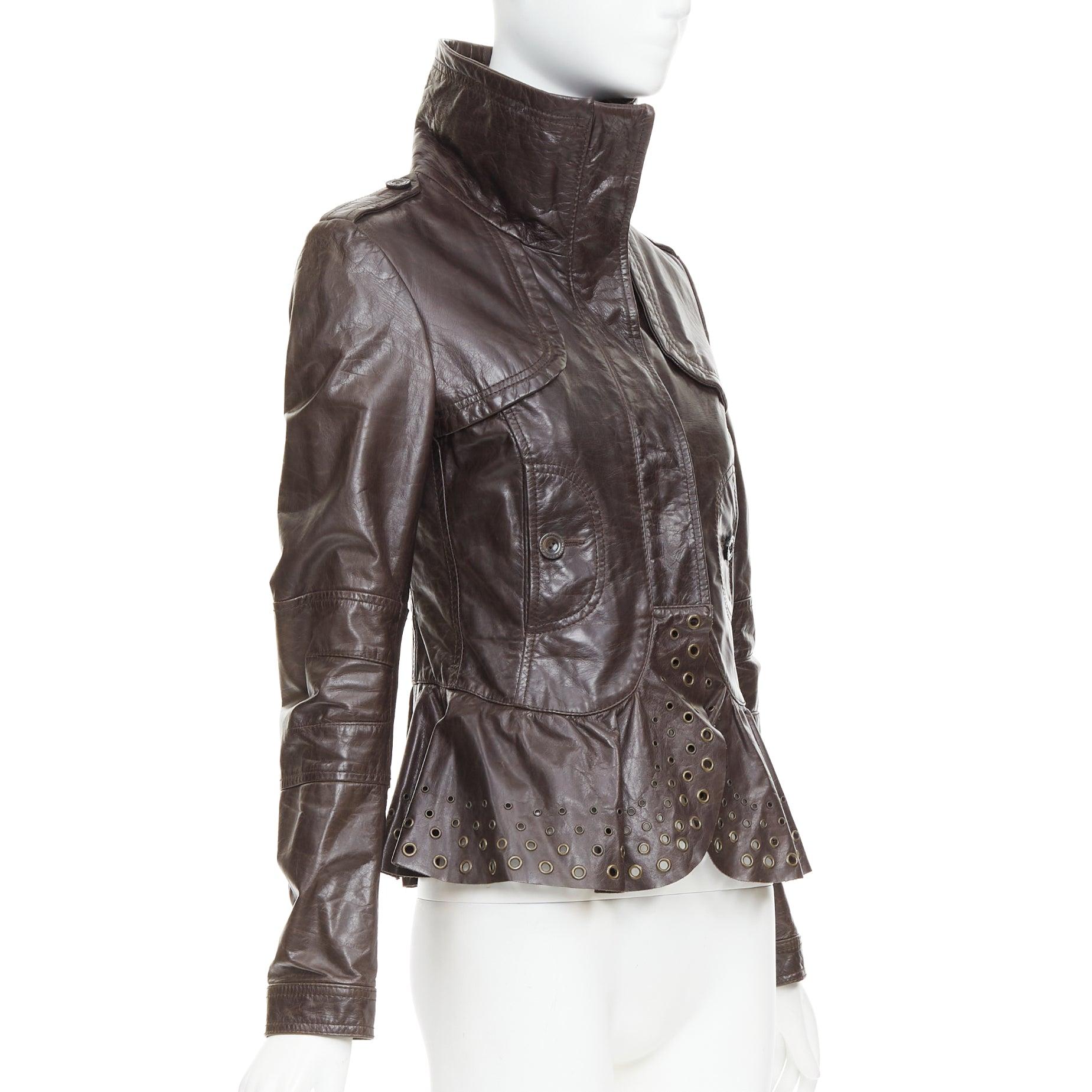 PATRIZIA PEPE brown stiff leather eyelet stud high collar biker jacket IT42 M In Good Condition For Sale In Hong Kong, NT
