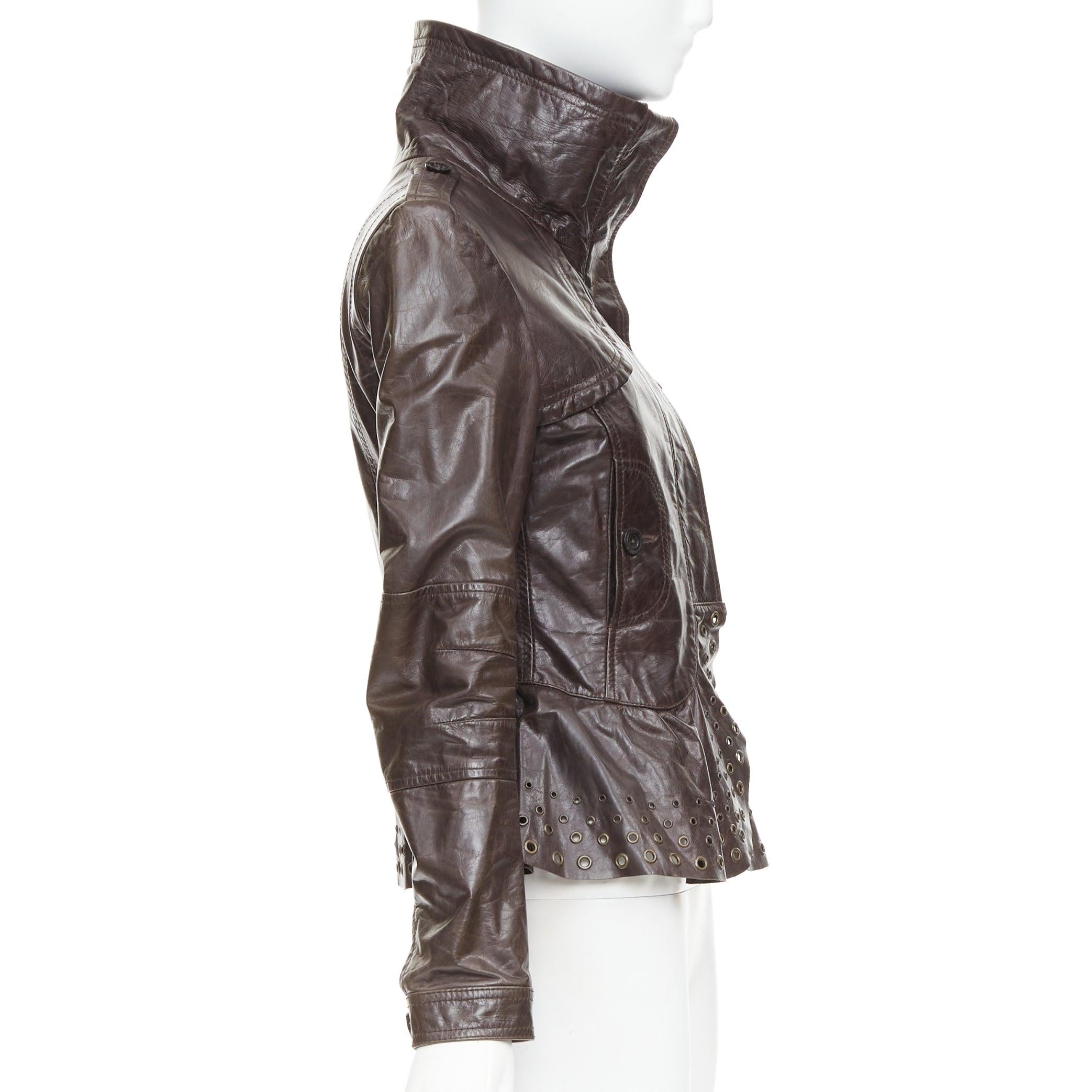 Women's PATRIZIA PEPE brown stiff leather eyelet stud high collar biker jacket IT42 M For Sale