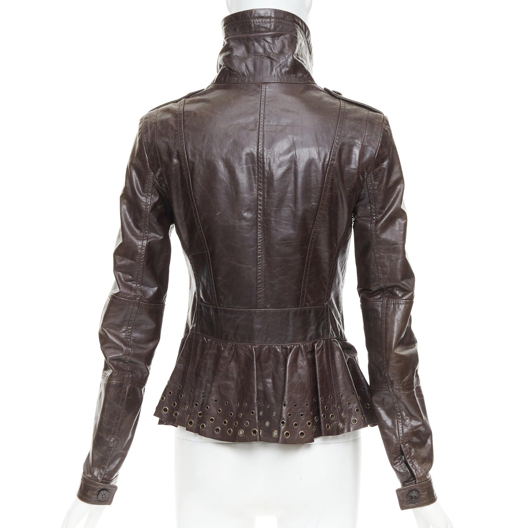 PATRIZIA PEPE brown stiff leather eyelet stud high collar biker jacket IT42 M For Sale 1