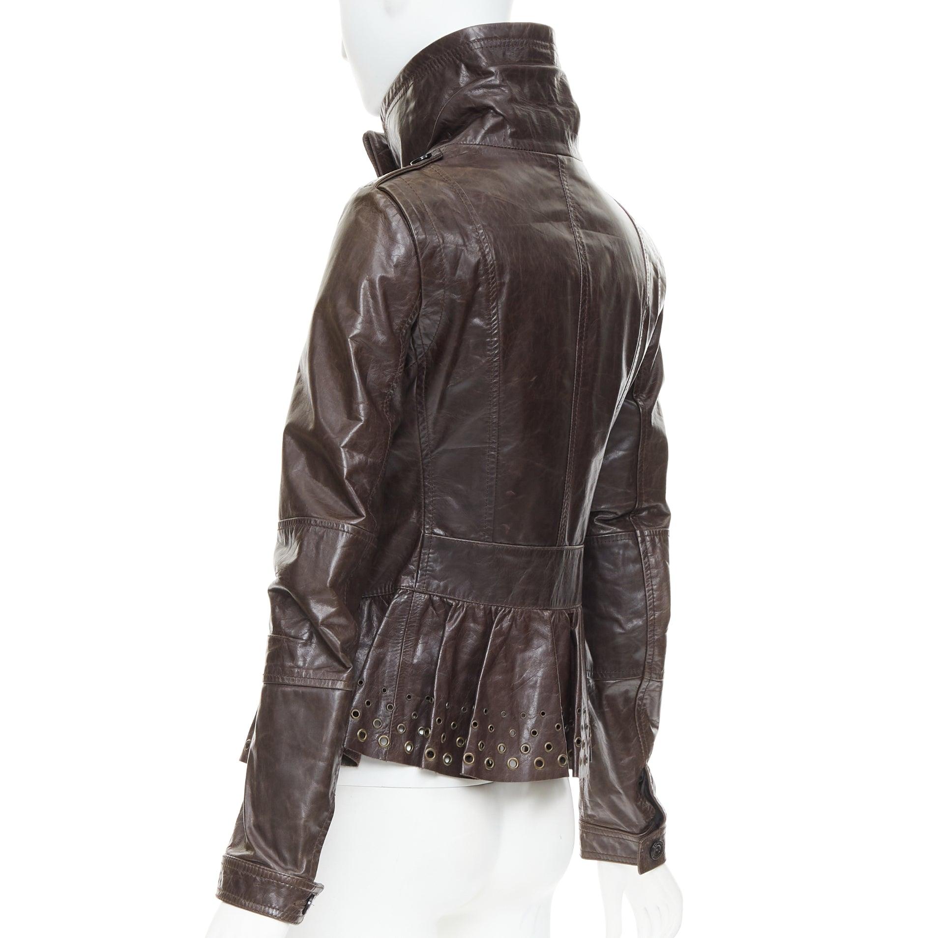 PATRIZIA PEPE brown stiff leather eyelet stud high collar biker jacket IT42 M For Sale 2