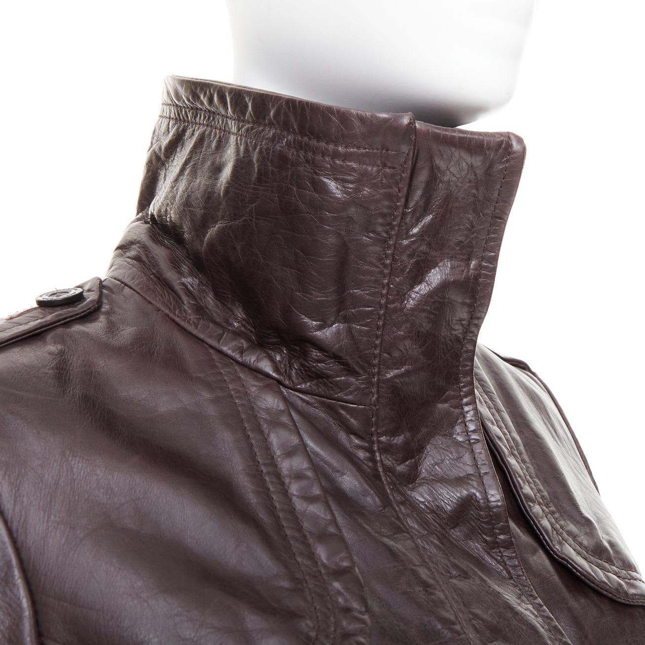 PATRIZIA PEPE brown stiff leather eyelet stud high collar biker jacket IT42 M For Sale 3