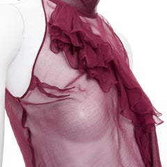 Patrizia Pepe top in chiffon con collo in pelle e volant in seta bordeaux IT42 M.