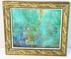 Aqua and Blue Expressionist Oil Painting, Framed, 1980s, 11.5x10"