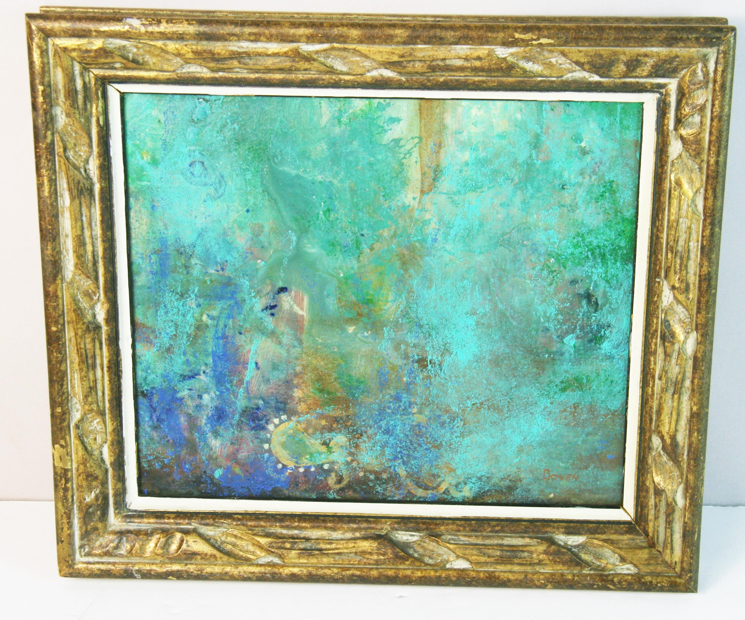 Aqua and Blue Expressionist Oil Painting, Framed, 1980s, 11.5x10"